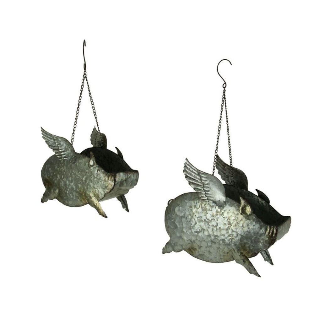 Distressed Galvanized Metal Flying Pig Hanging Planter Set of 2 - Indoor/Outdoor